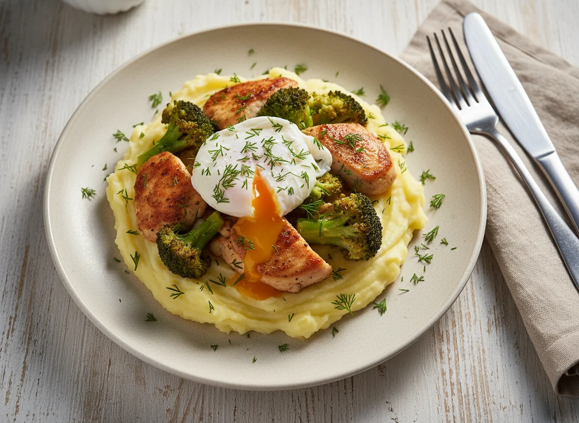 Курица с картофелем и брокколи с яйцом пашот photo