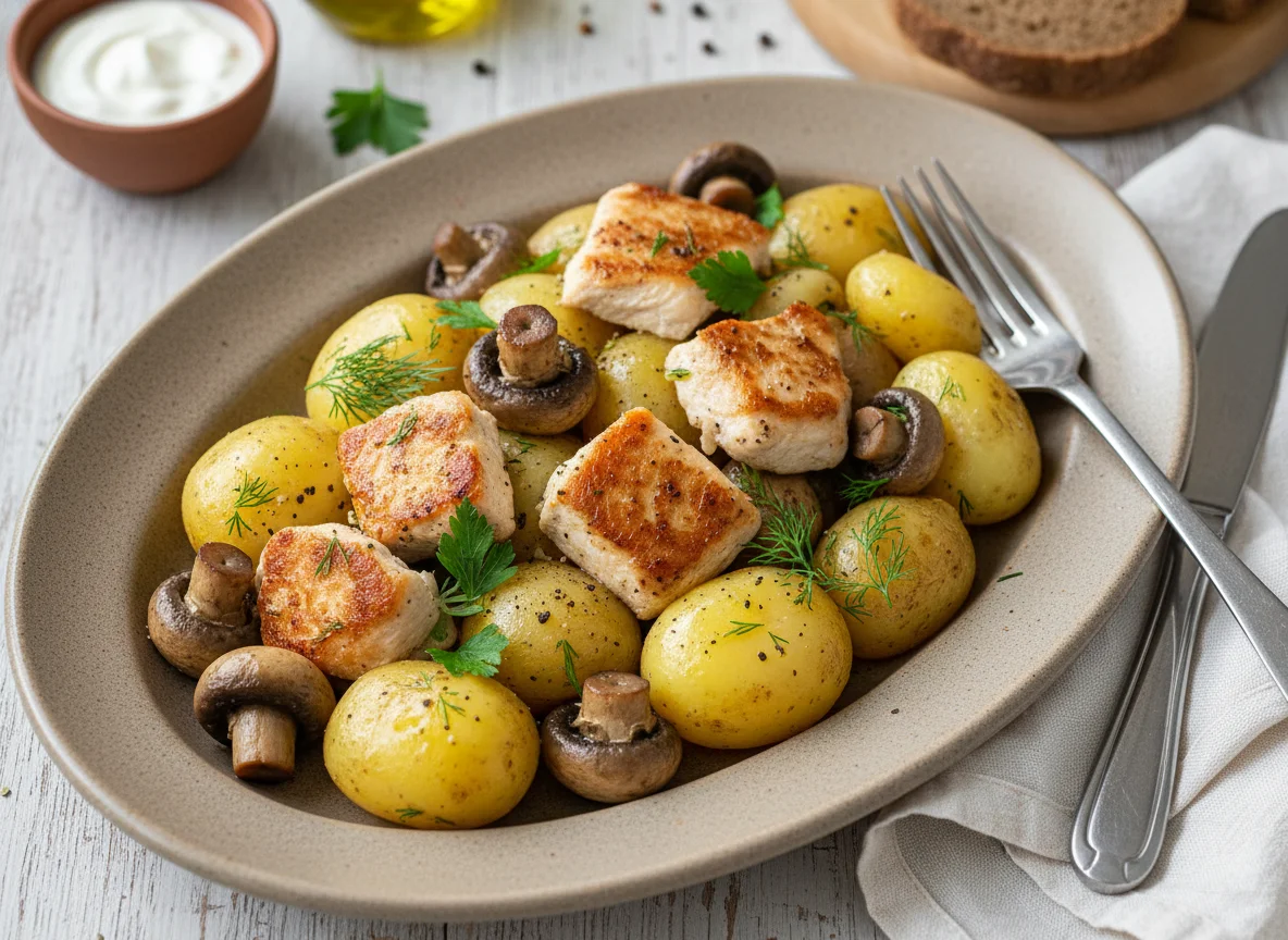 Курица с картофелем и грибами photo