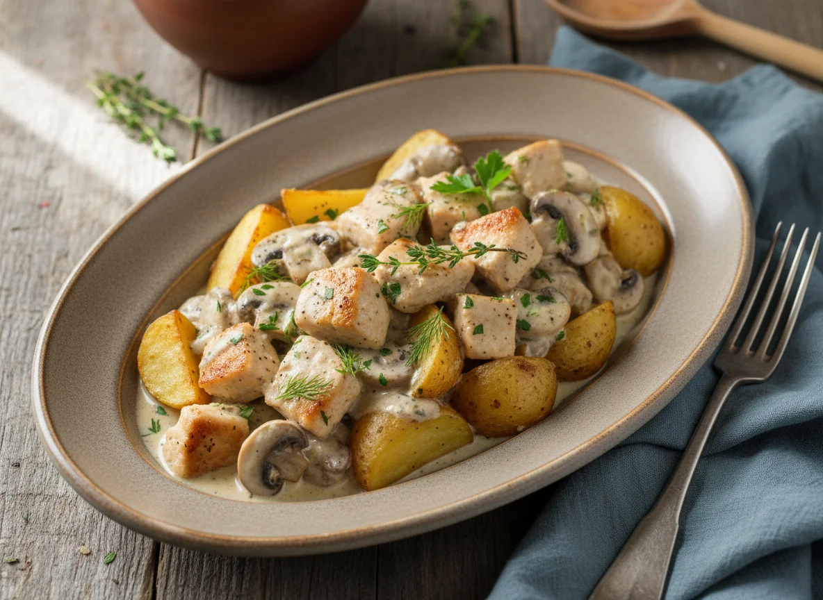 Курица с картофелем и грибами в сливочном соусе photo