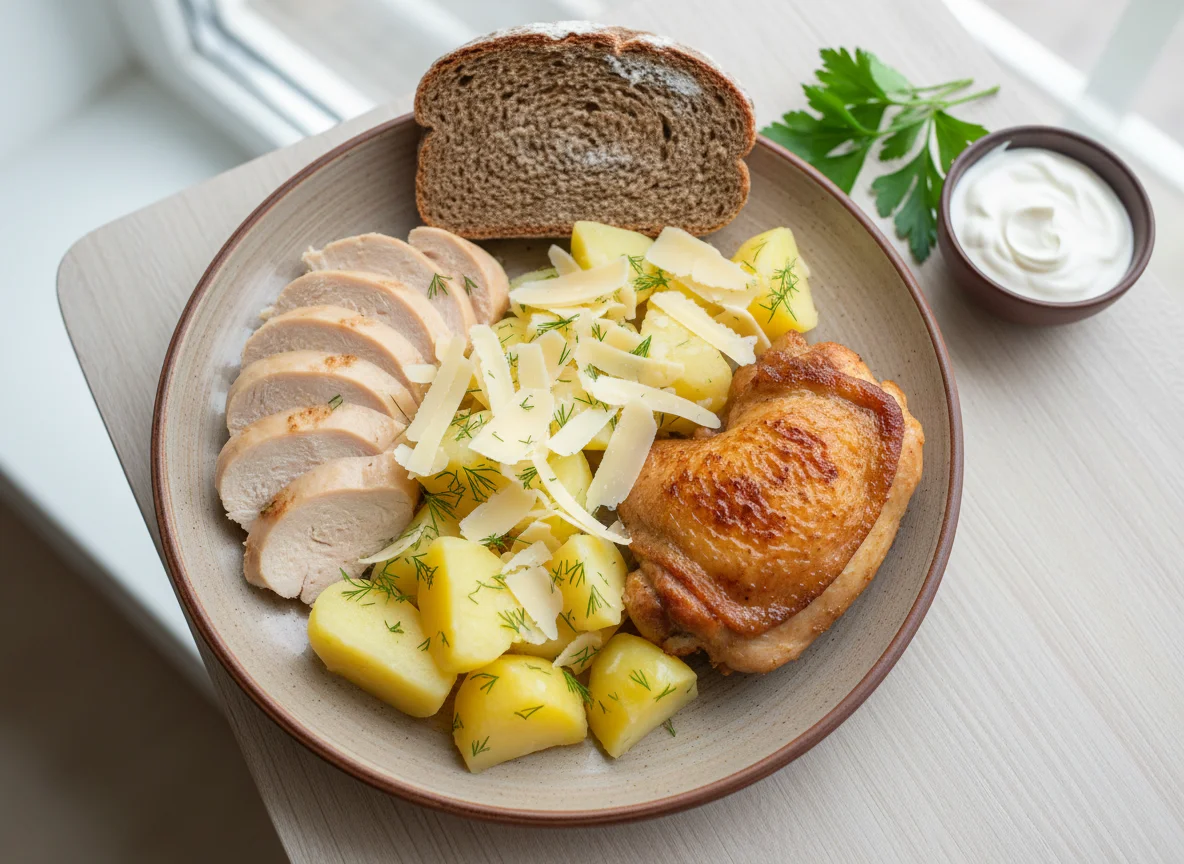 Курица с картофелем и хлебом photo