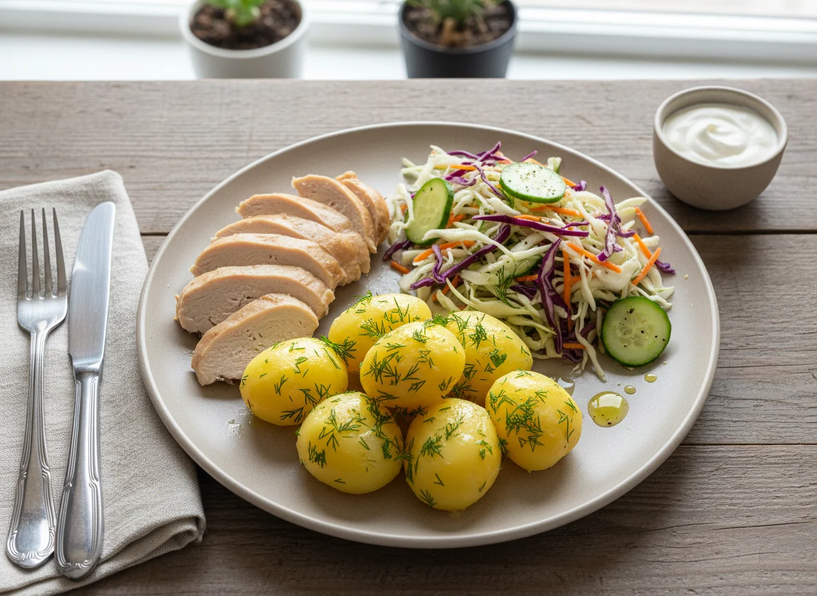 Курица с картофелем и капустным салатом photo