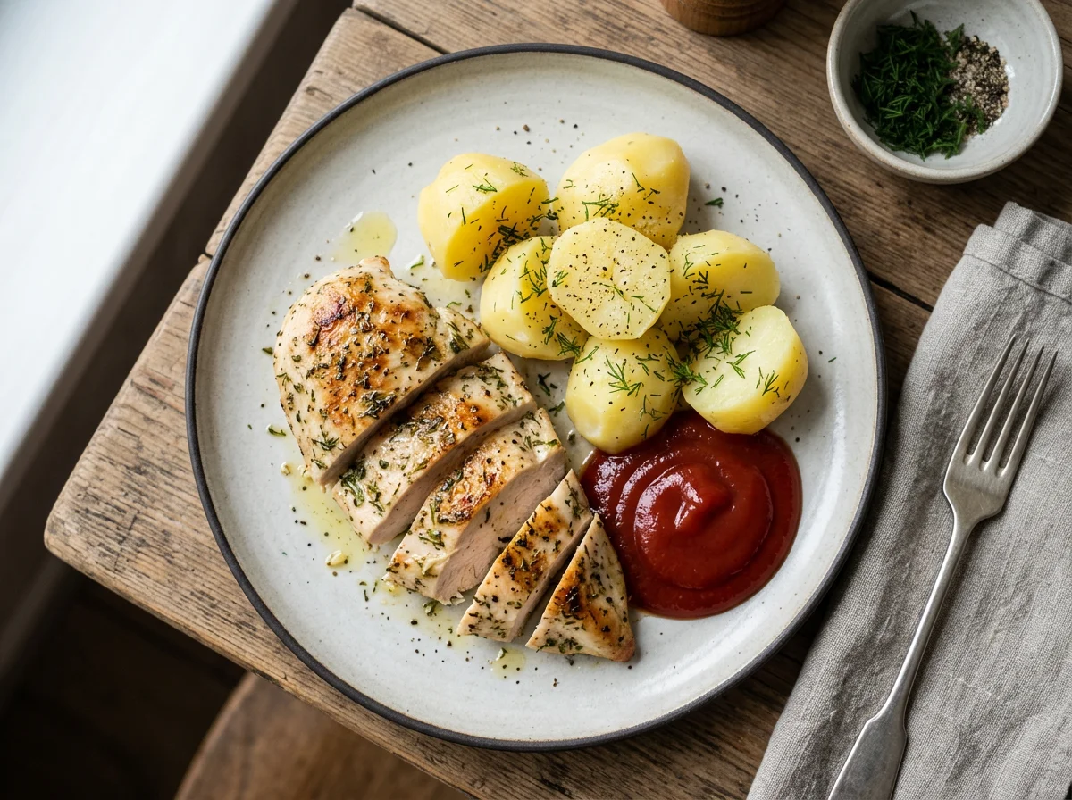 Курица с картофелем и кетчупом photo