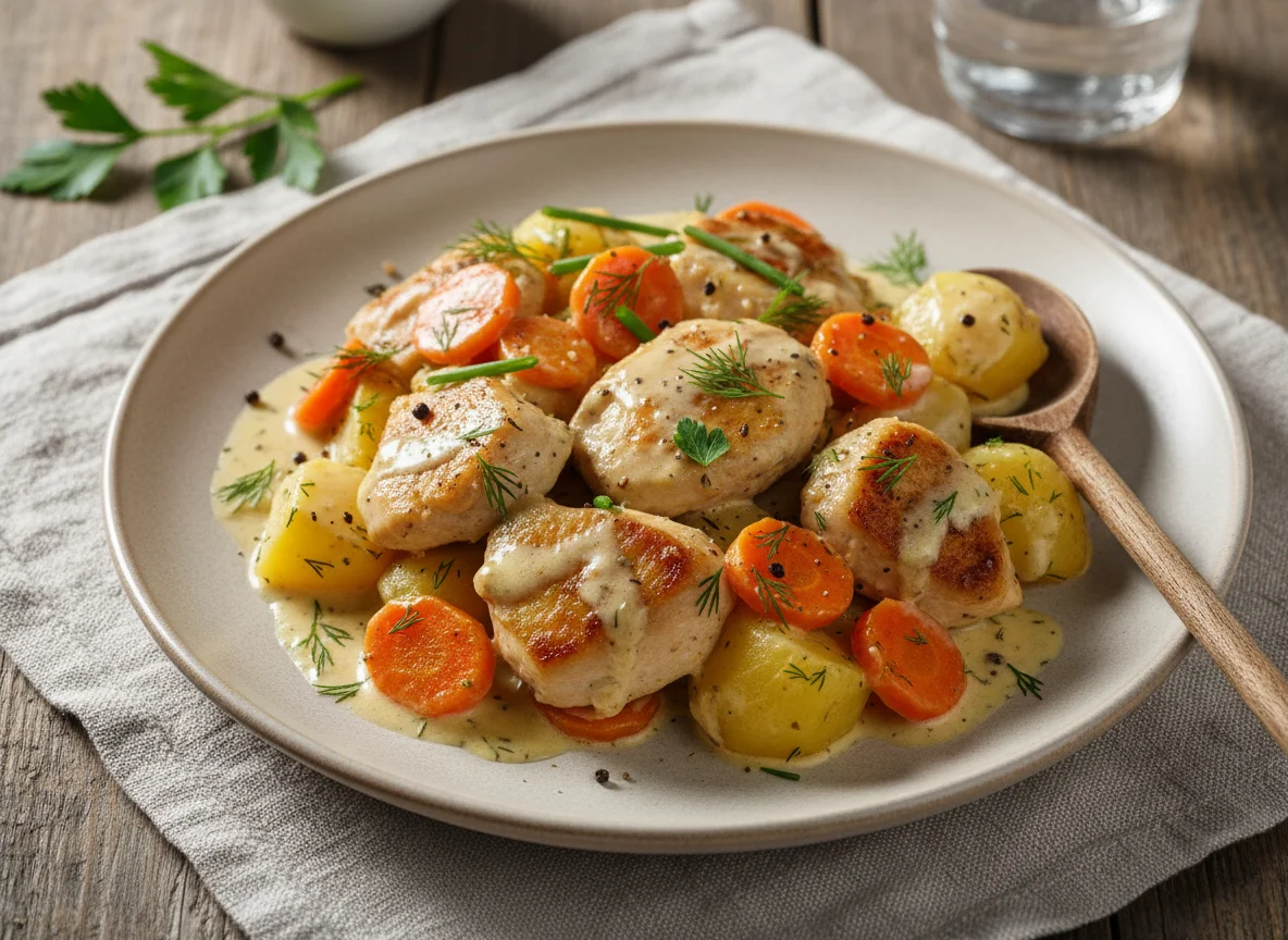 Курица с картофелем и морковью в сливочном соусе photo