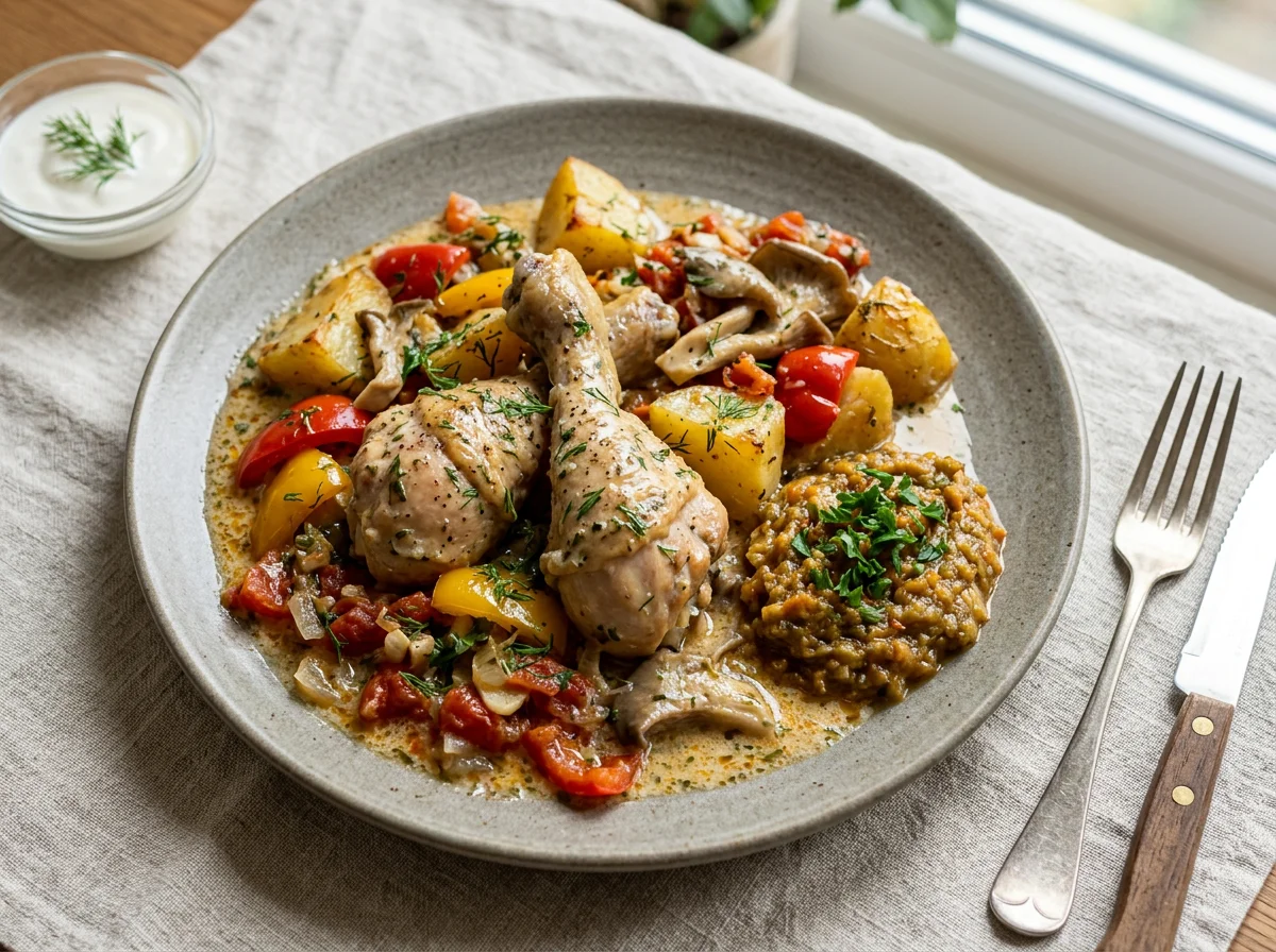 Курица с картофелем и овощами в соусе photo