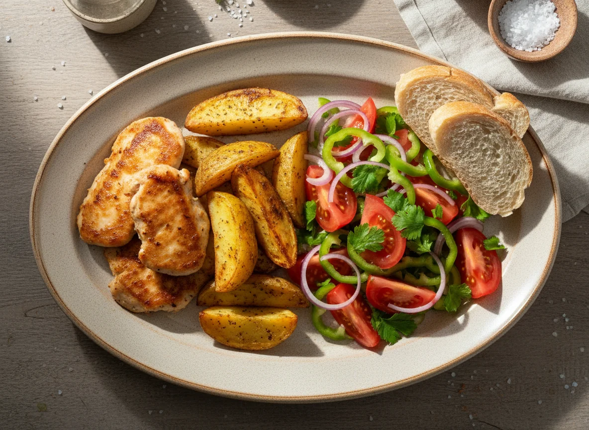 Курица с картофелем и томатным салатом photo