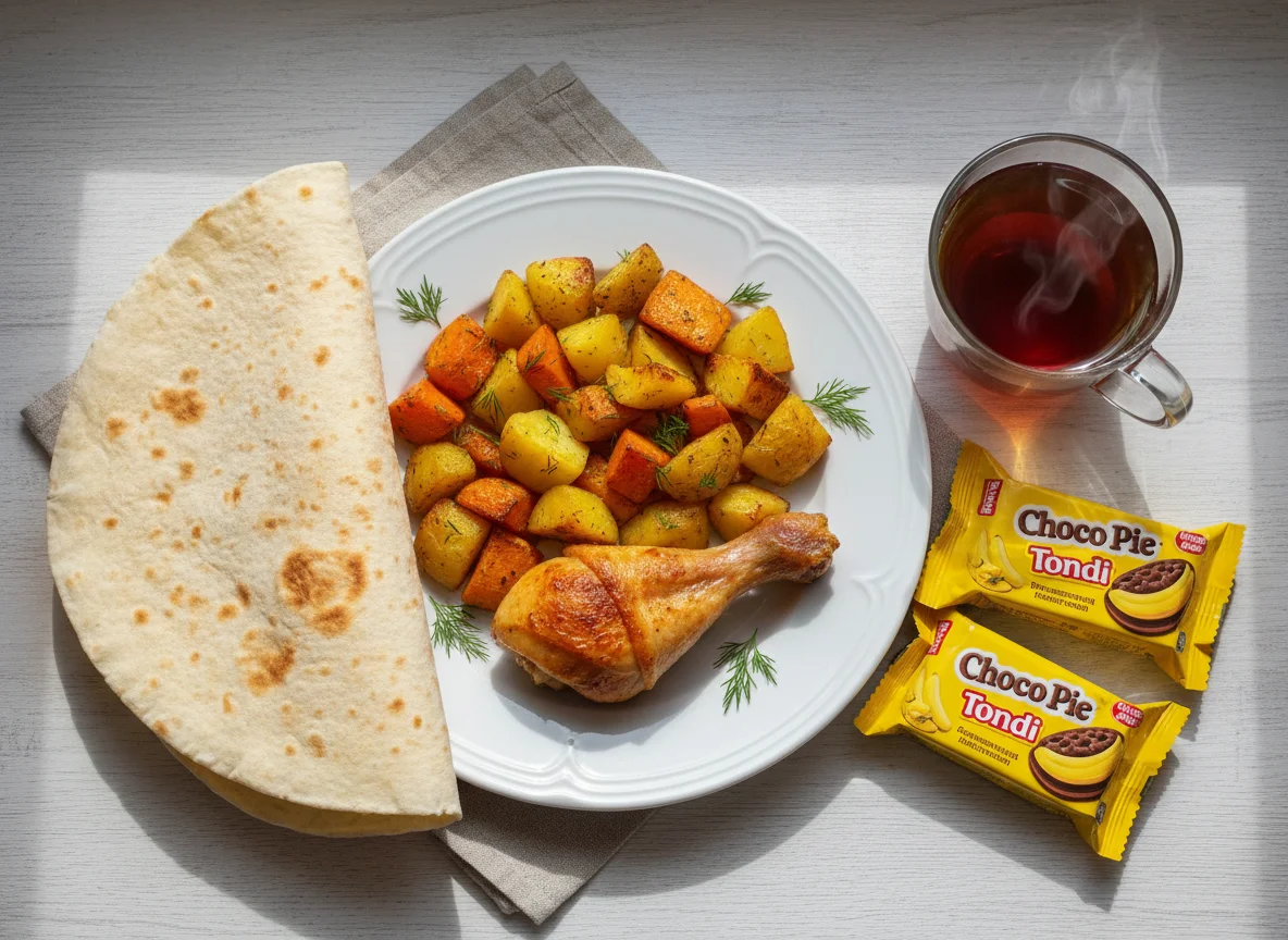 Курица с картофелем, лаваш и десерт photo