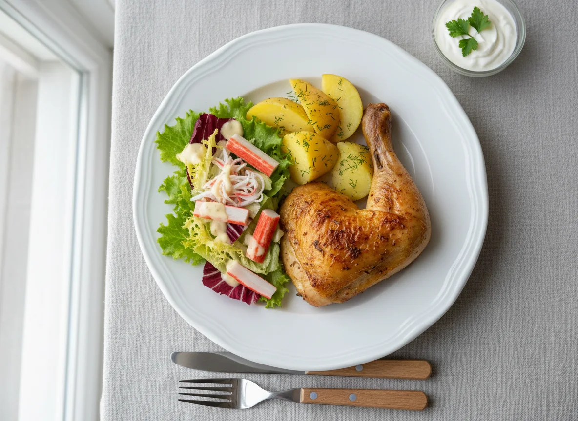 Курица с картофелем, салатом и крабовыми палочками photo
