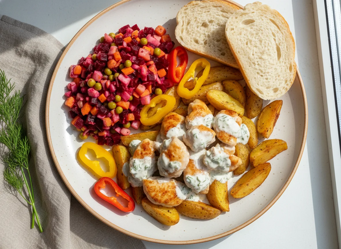 Курица с картофелем, свекольным салатом и хлебом photo