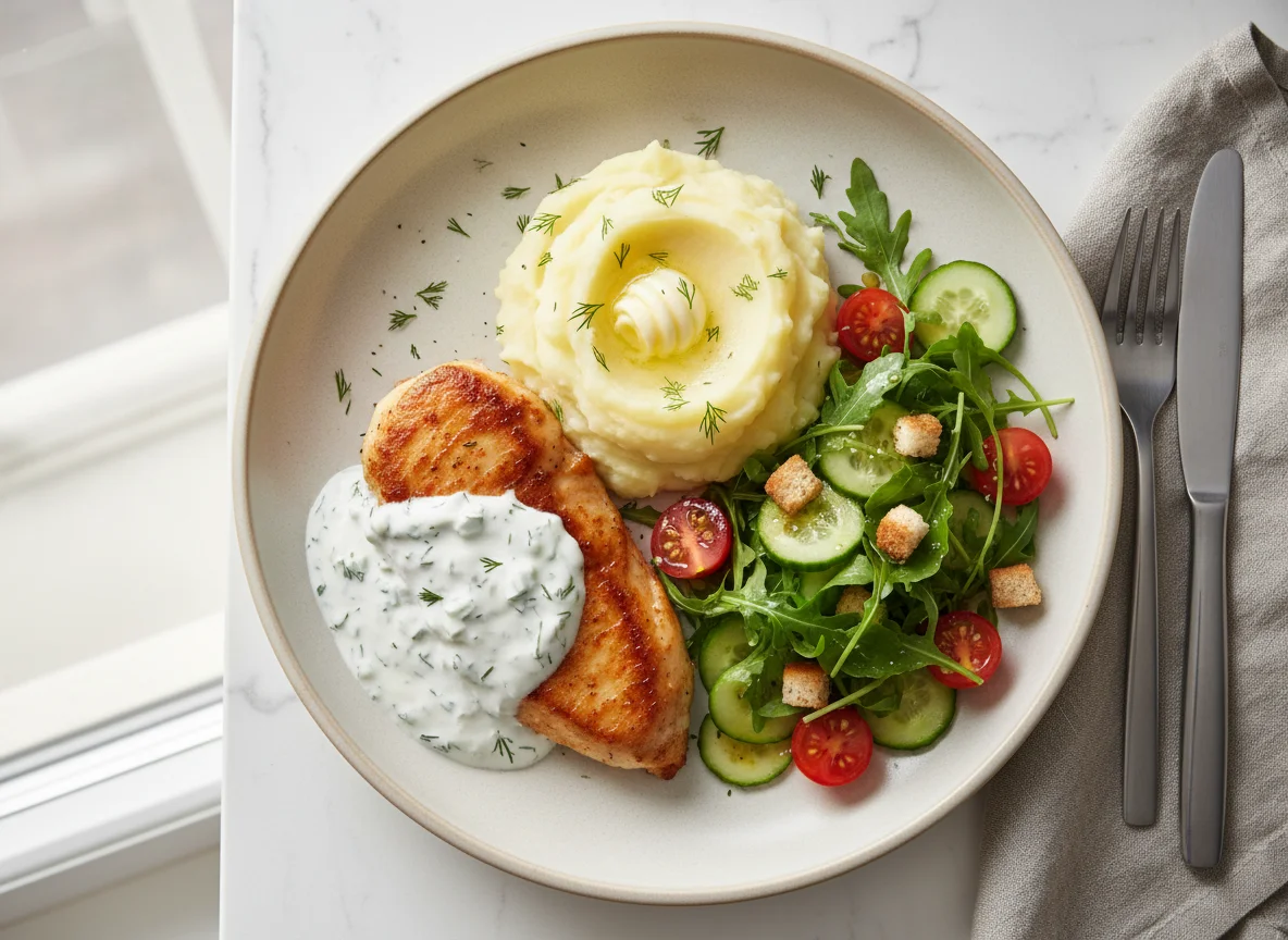 Курица с картофельным пюре и овощной салат photo