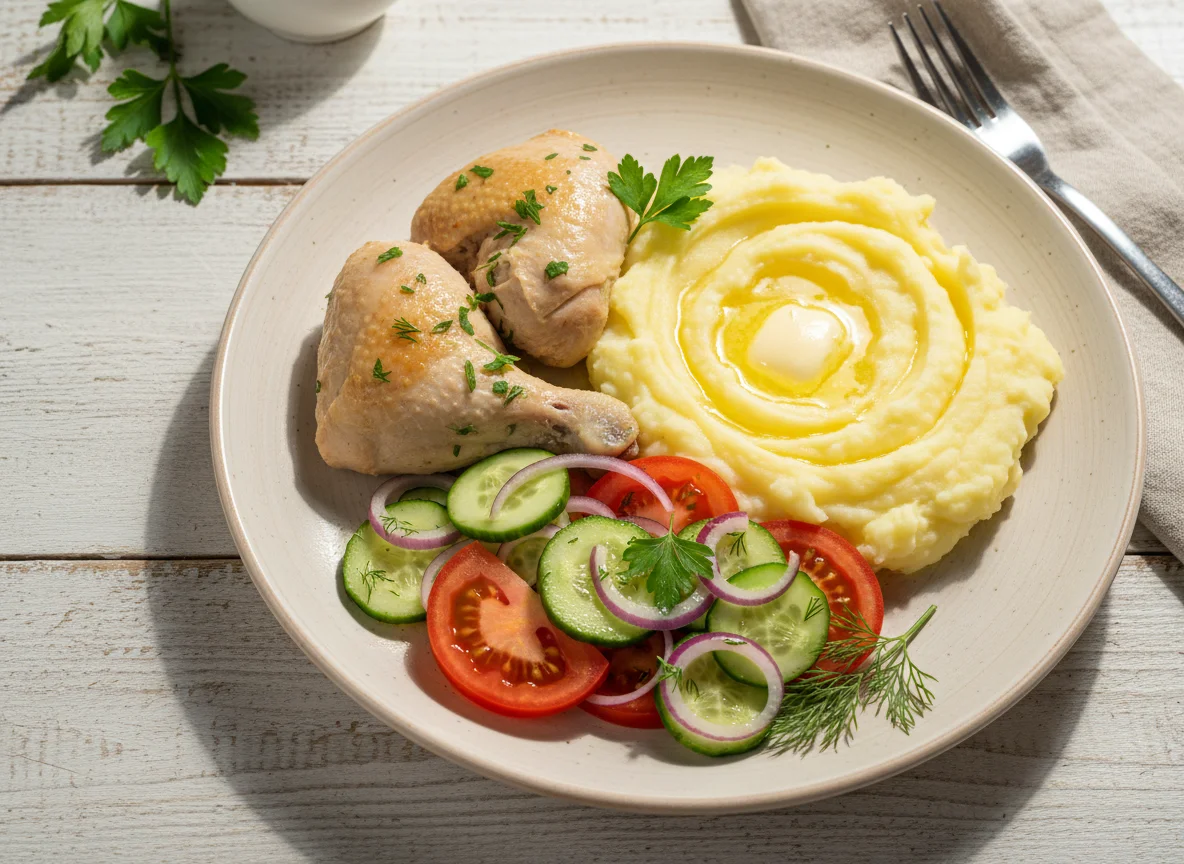 Курица с картофельным пюре и овощным салатом photo