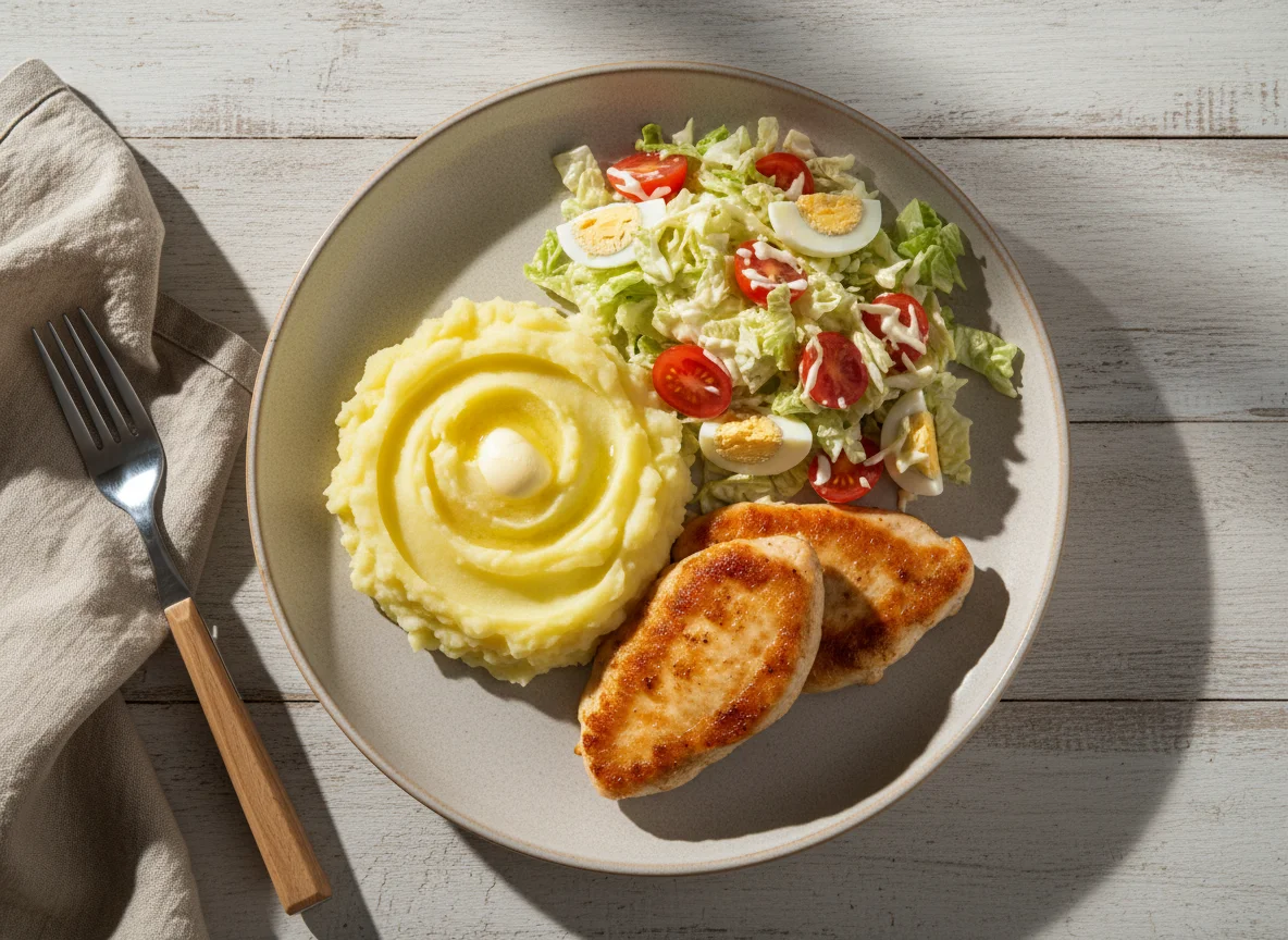 Курица с картофельным пюре и салатом photo