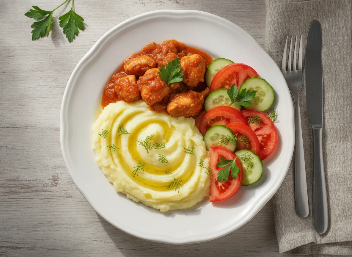 Курица с картофельным пюре и свежими овощами photo
