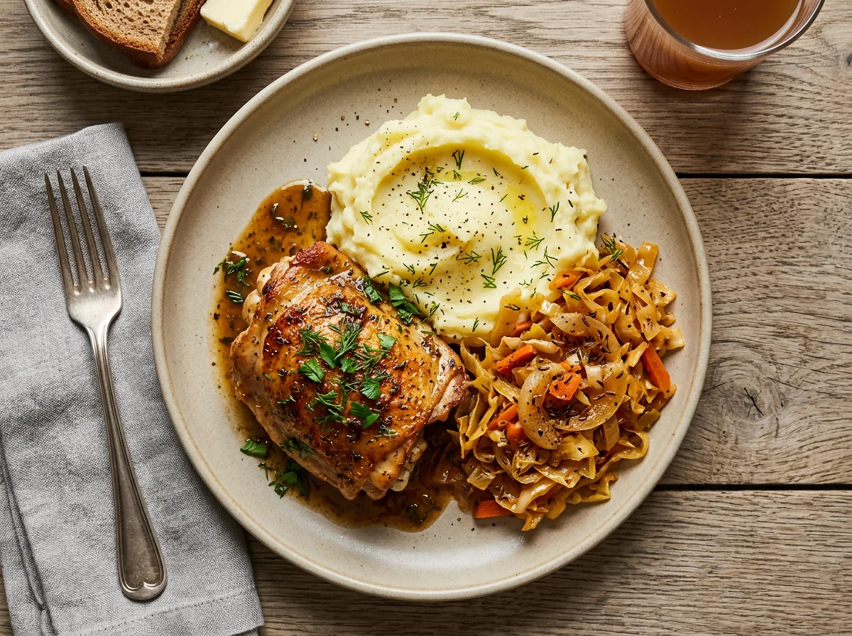 Курица с картофельным пюре и тушеной капустой photo