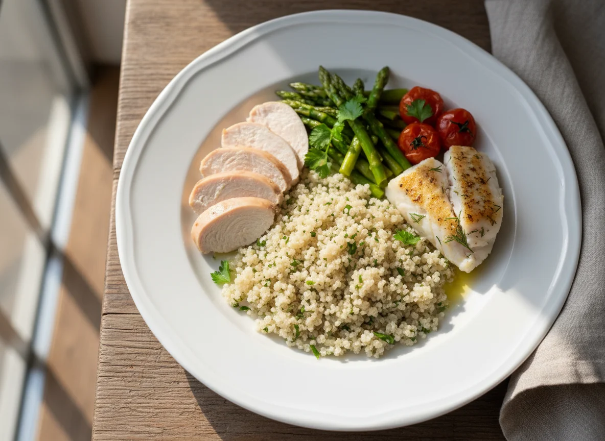 Курица с киноа и рыбой photo