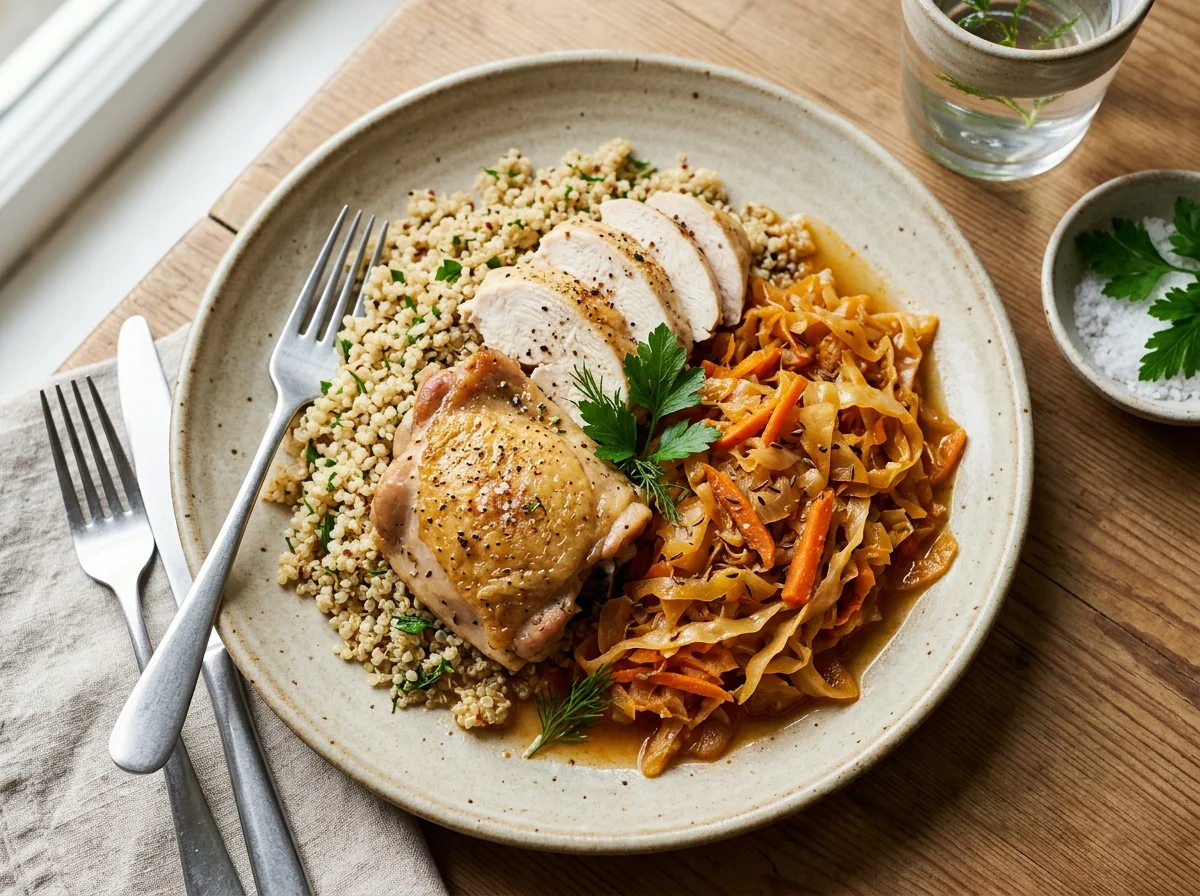 Курица с киноа и тушеной капустой photo