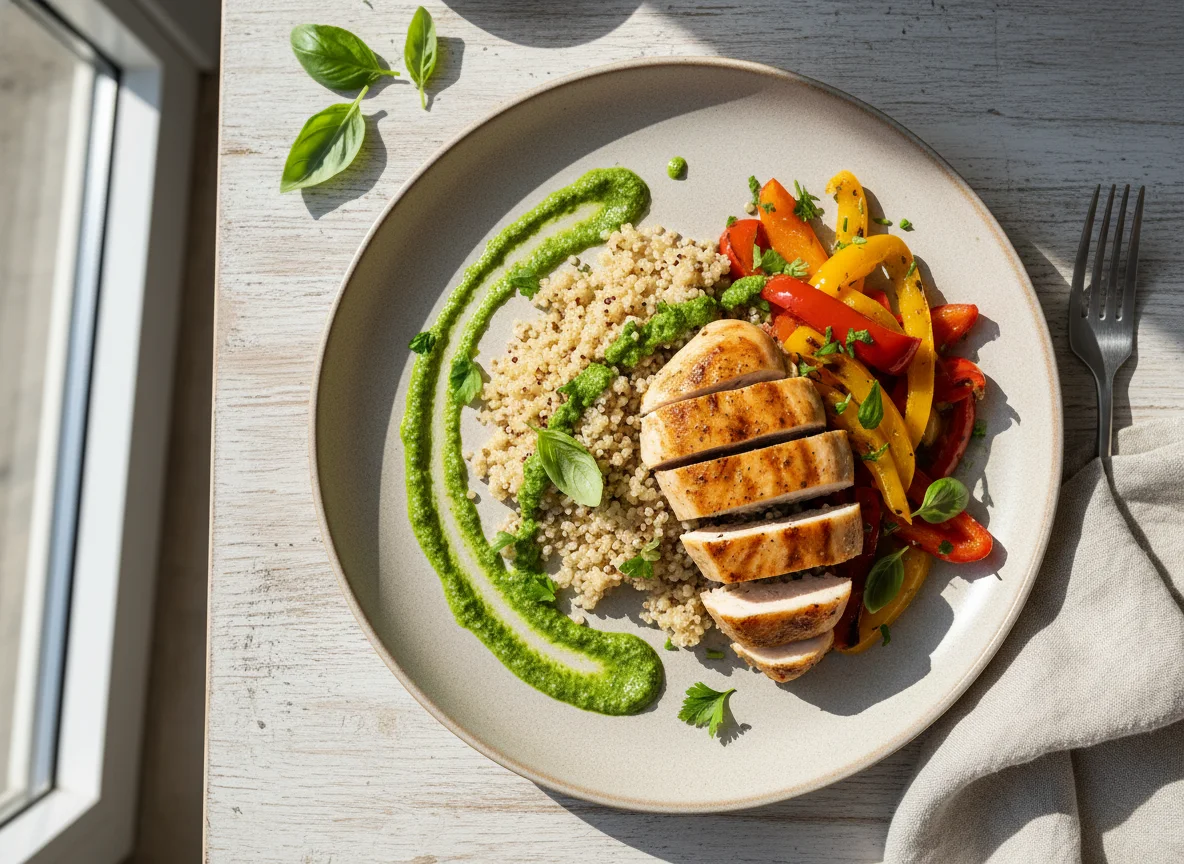 Курица с киноа, перцем и соусом photo