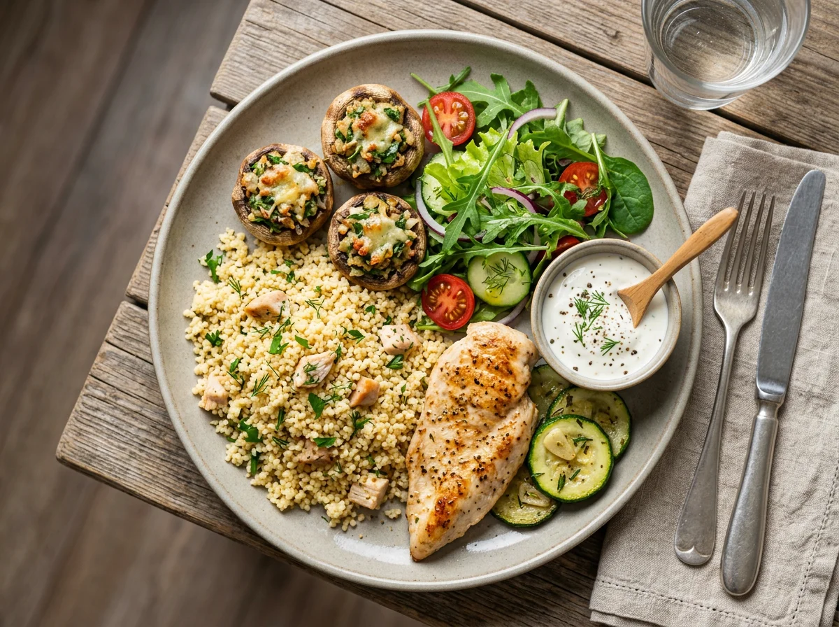 Курица с кускусом, грибами и салатом photo