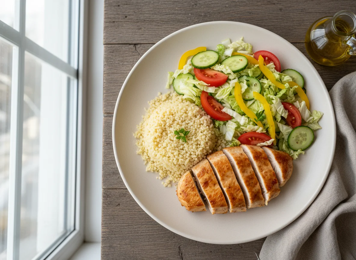 Курица с кускусом и овощным салатом photo