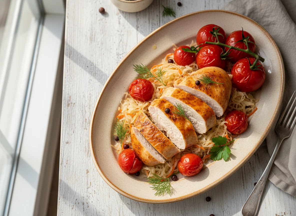 Курица с квашеной капустой и маринованными помидорами photo