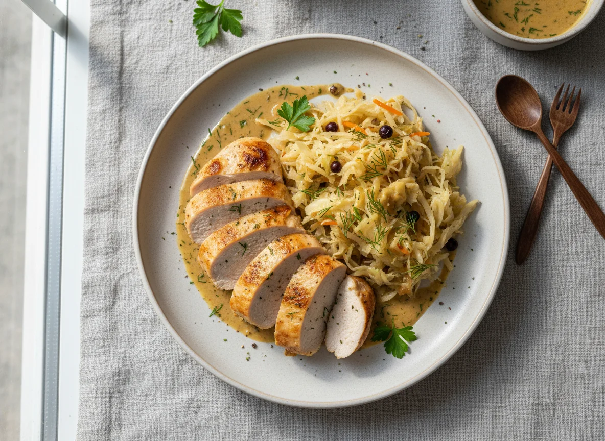 Курица с квашеной капустой и соусом photo