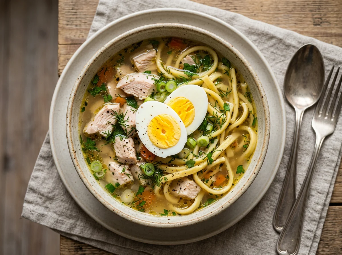 Курица с лапшой и яйцом photo