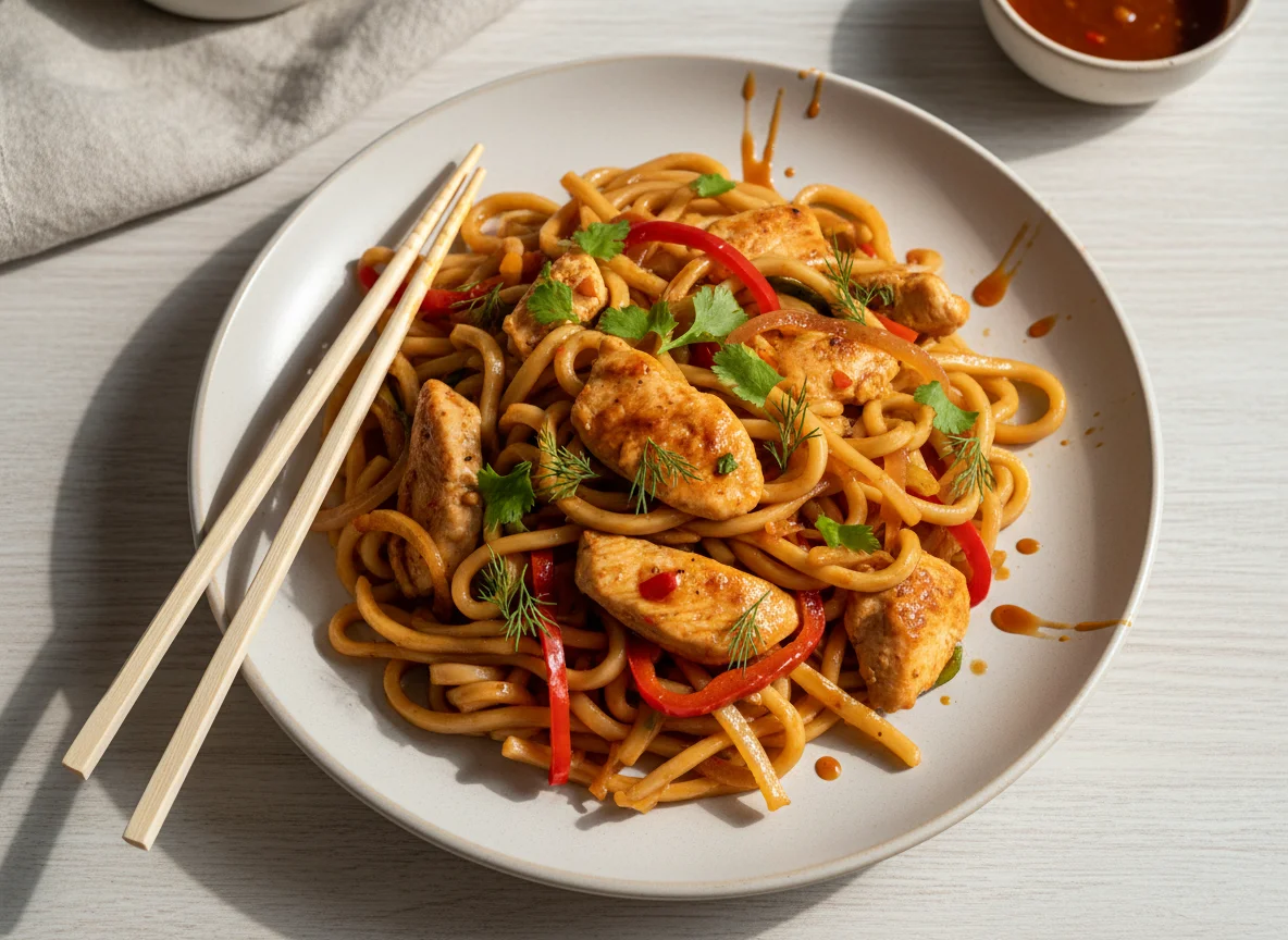 Курица с лапшой и овощами photo