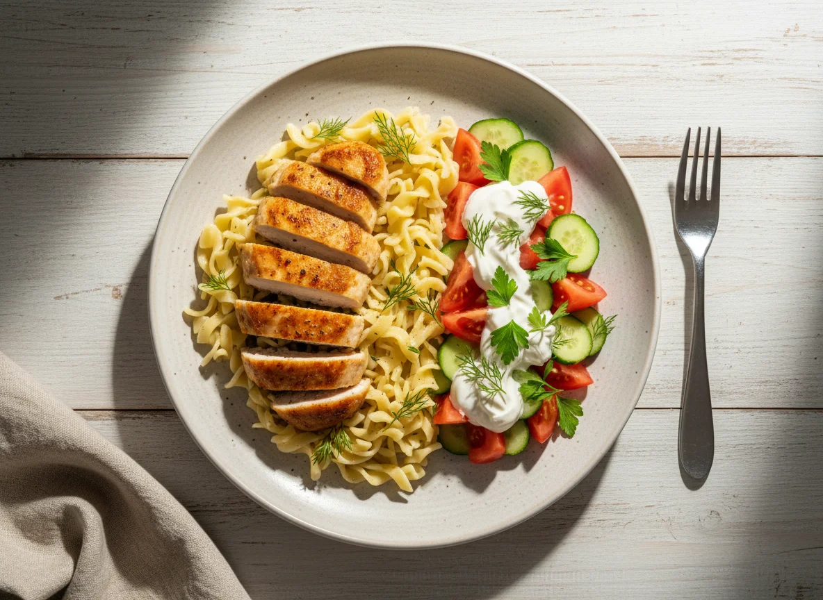 Курица с лапшой и овощным салатом photo