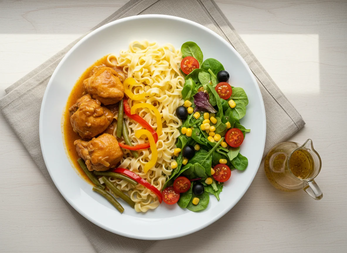 Курица с лапшой и салатом photo