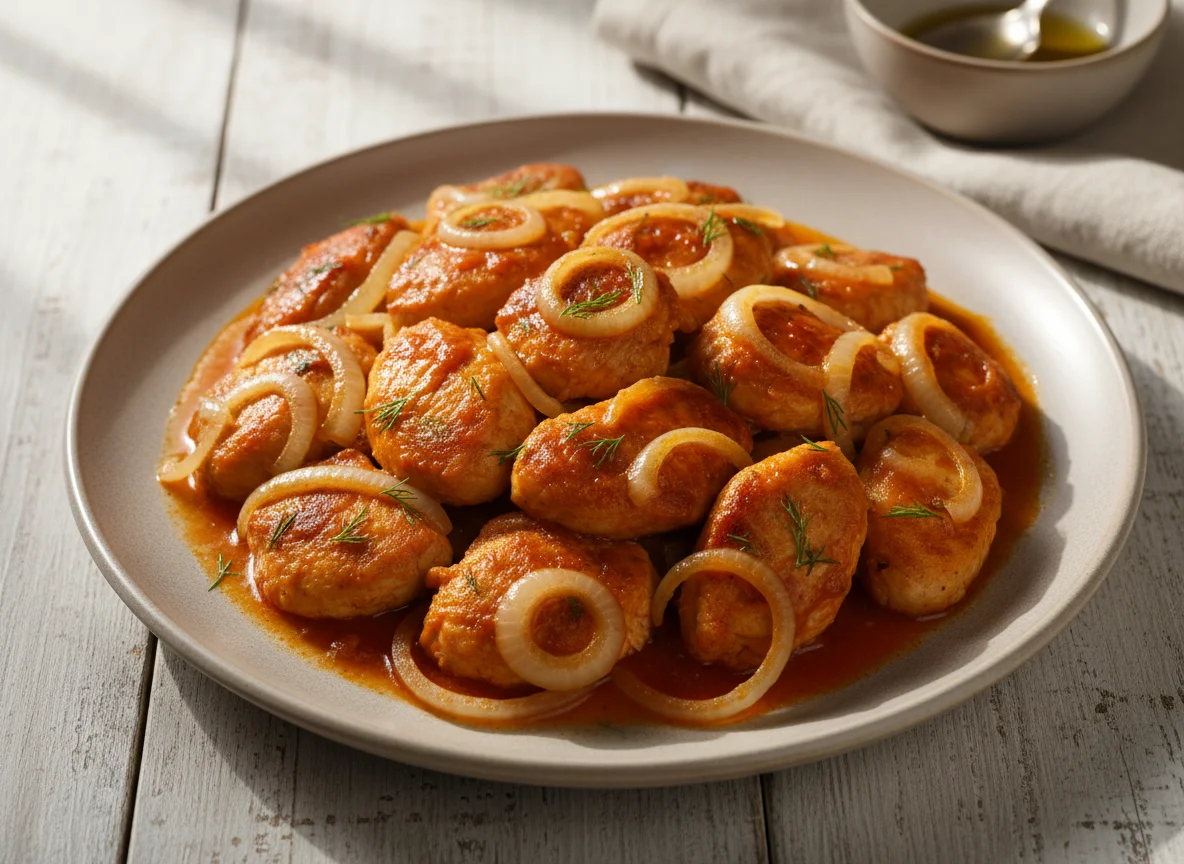 Курица с луком и соусом photo