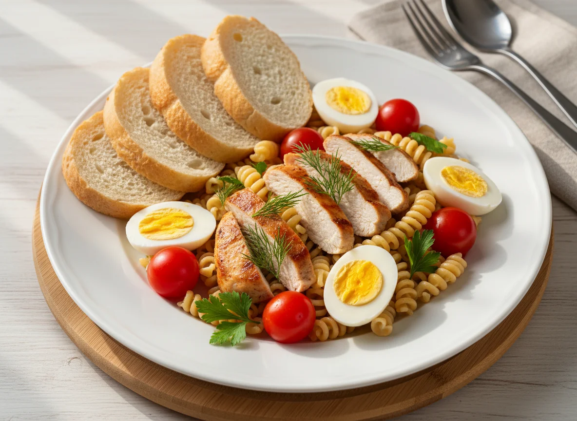 Курица с макаронами, яйцами и помидорами photo