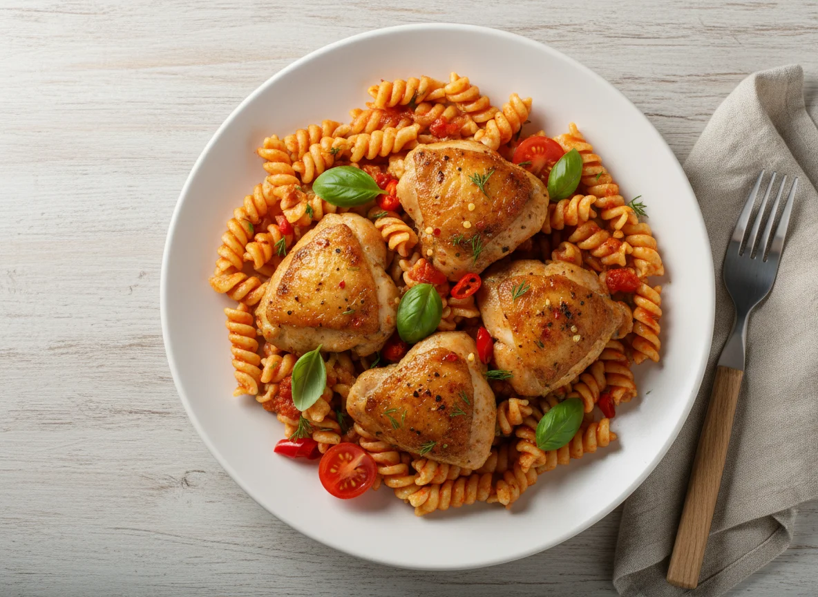 Курица с макаронами фузилли photo