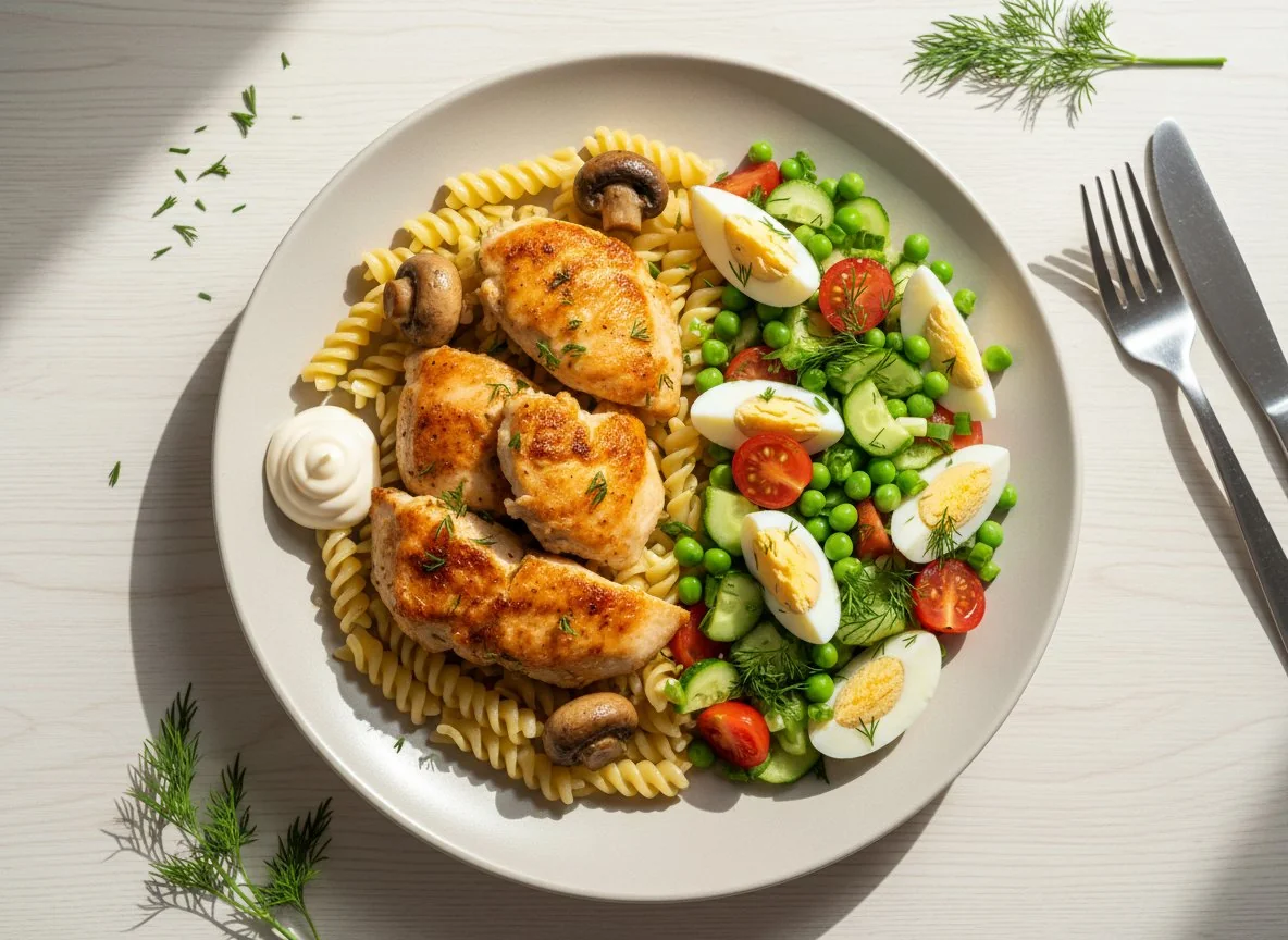 Курица с макаронами, грибами и овощным салатом photo