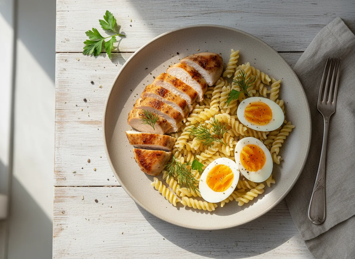 Курица с макаронами и яйцами photo