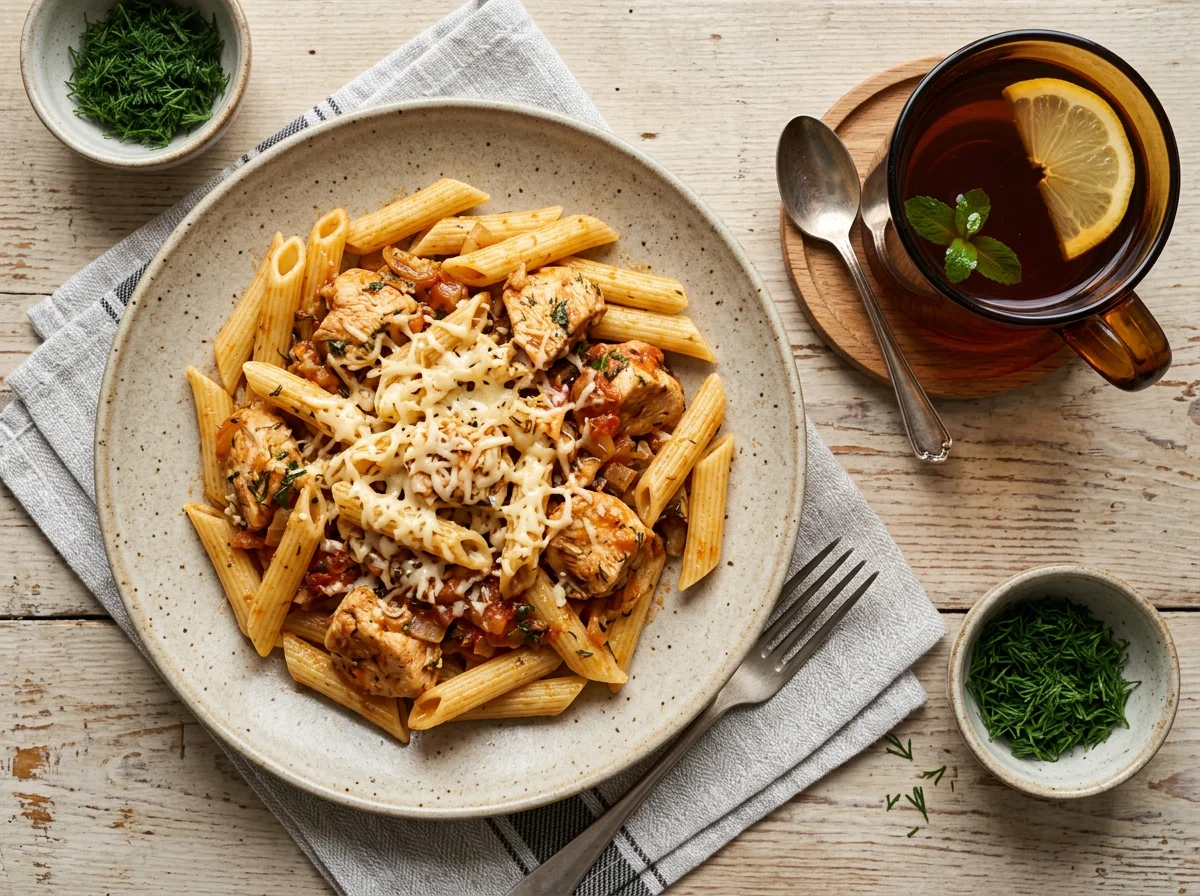 Курица с макаронами и чаем photo