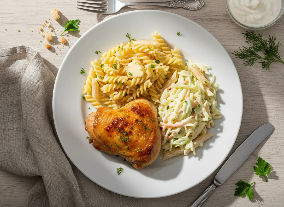 Курица с макаронами и капустным салатом photo