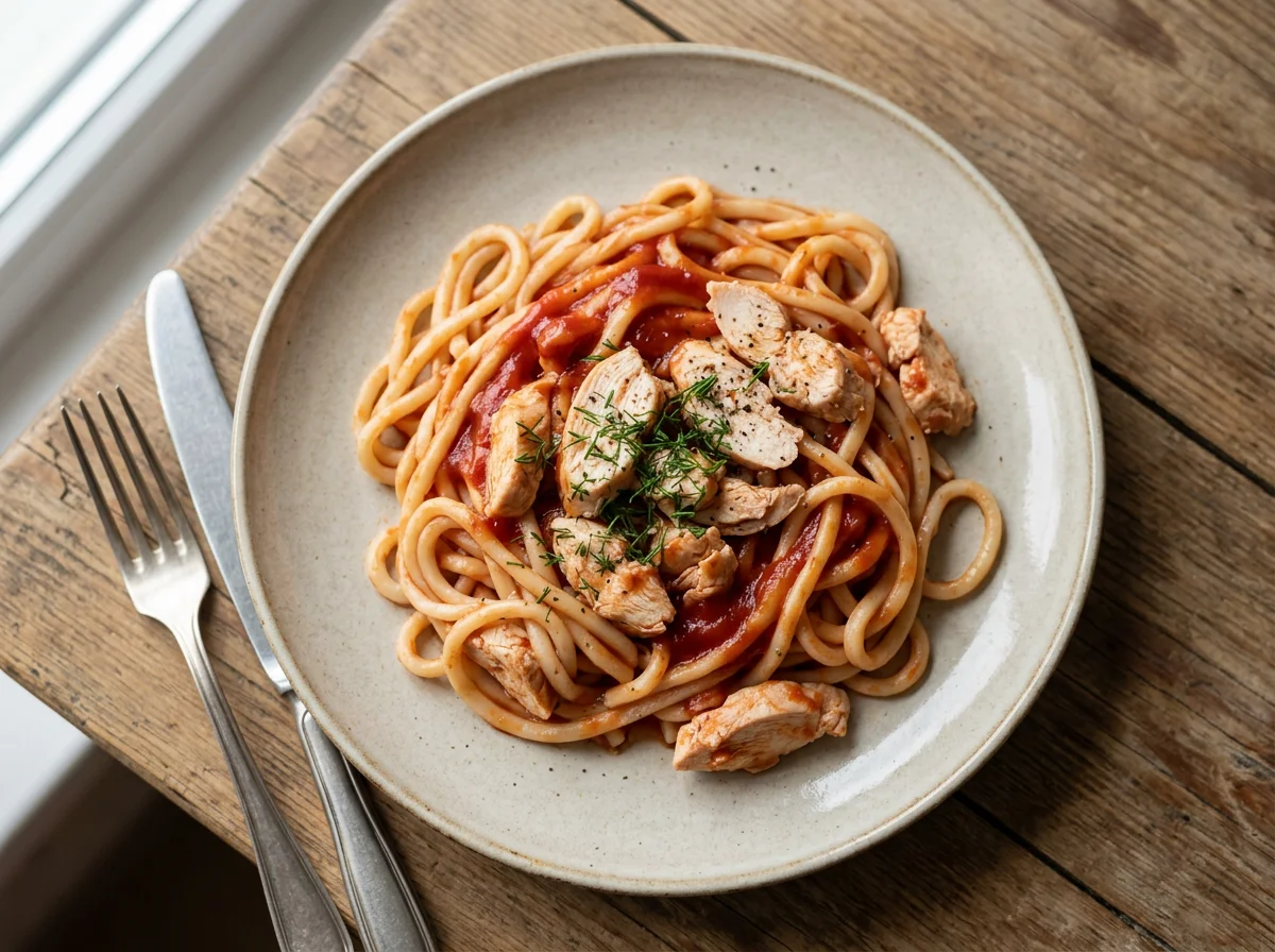 Курица с макаронами и кетчупом photo