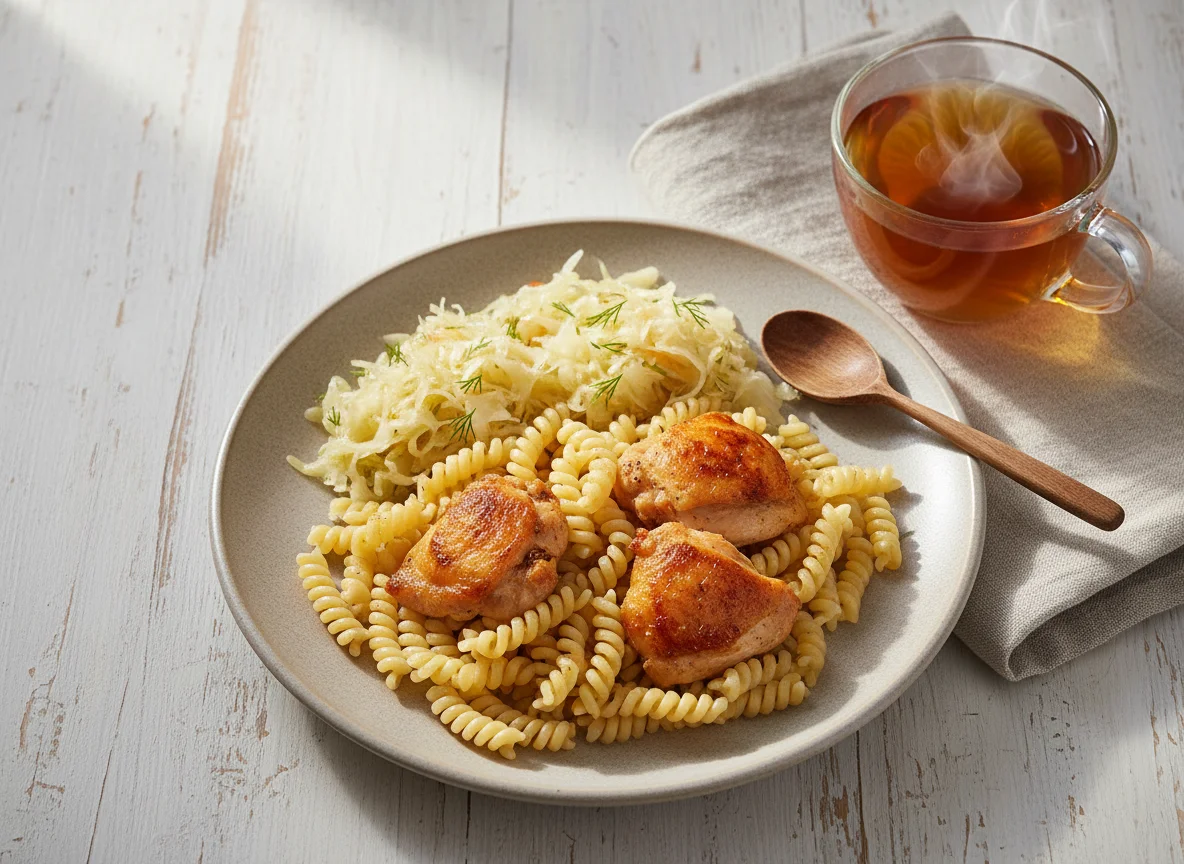 Курица с макаронами и квашеной капустой photo