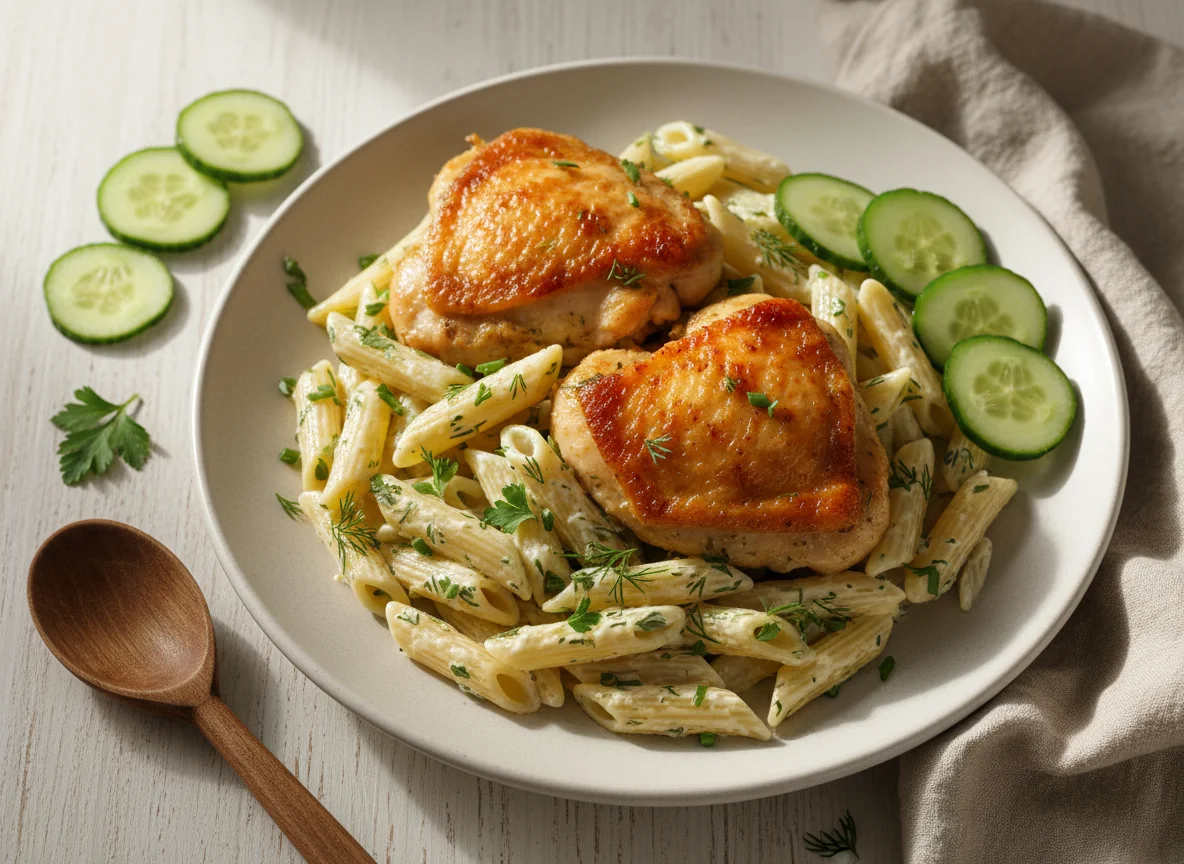 Курица с макаронами и огурцами photo