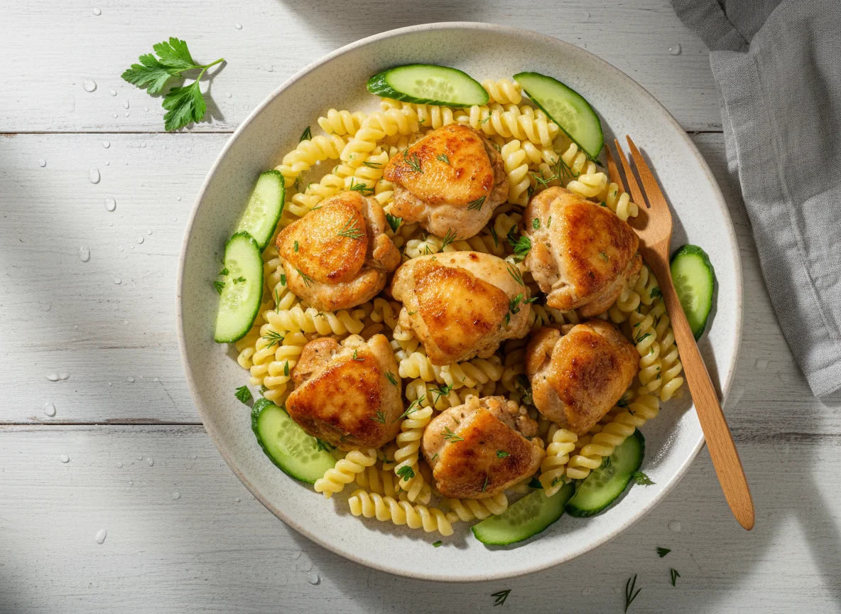 Курица с макаронами и огурцом photo