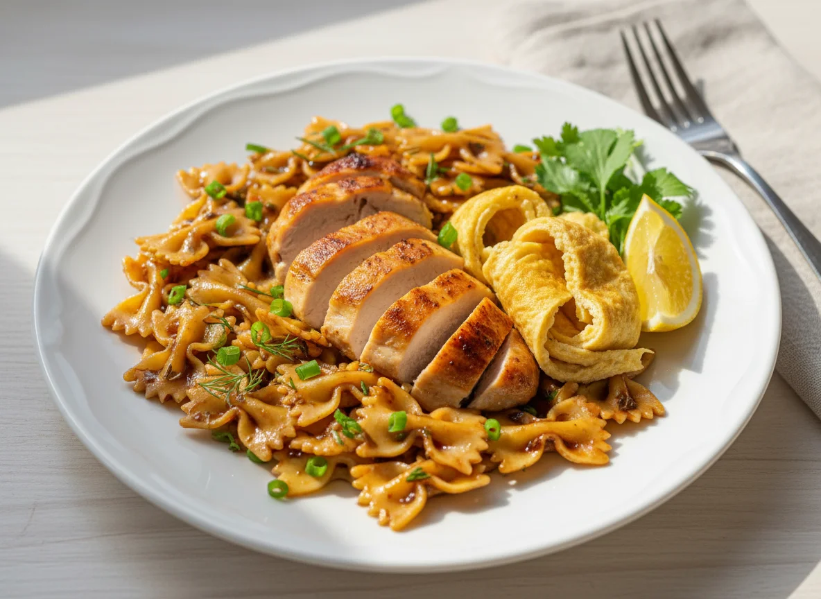 Курица с макаронами и омлетом photo