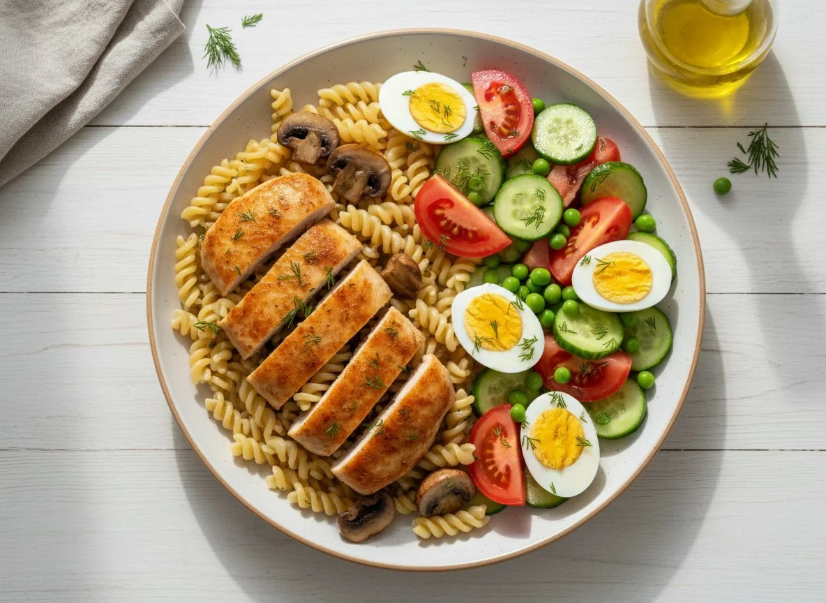 Курица с макаронами и овощным салатом photo