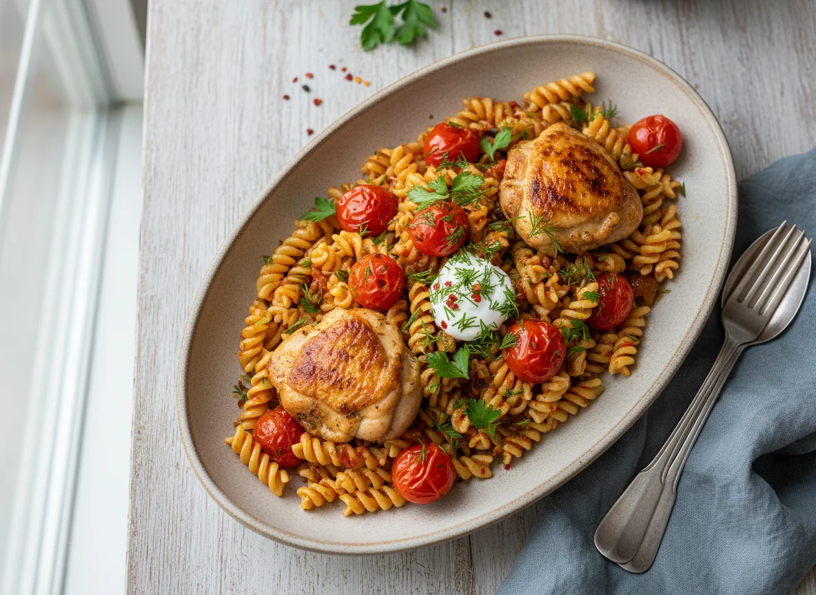 Курица с макаронами и помидорами photo