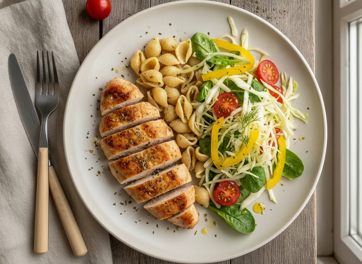 Курица с макаронами и свежим салатом photo
