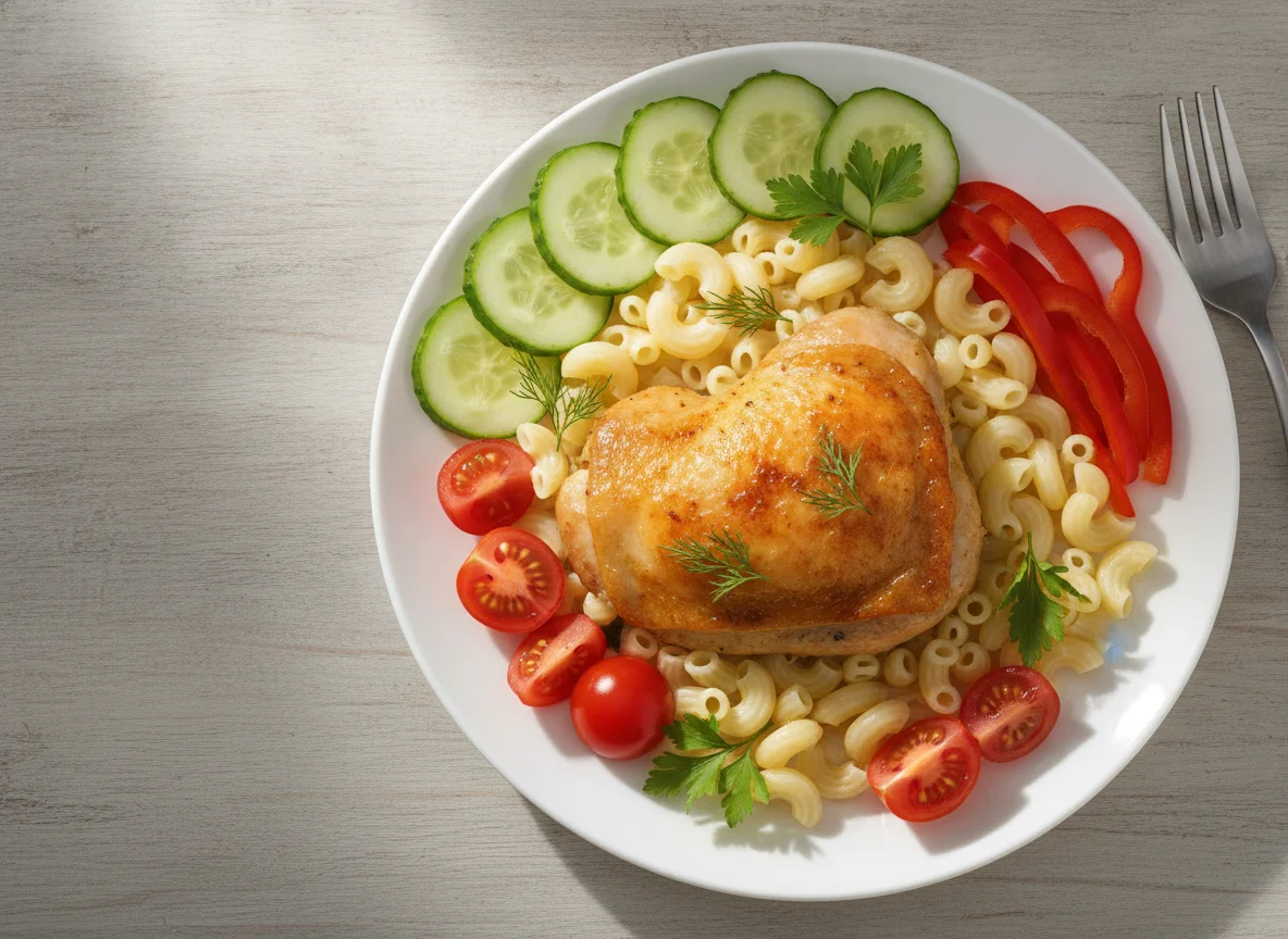 Курица с макаронами и свежими овощами photo