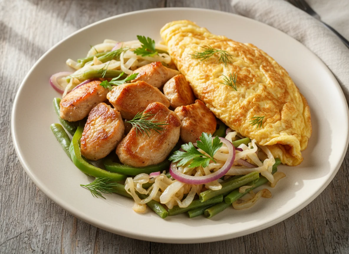 Курица с омлетом и овощами photo