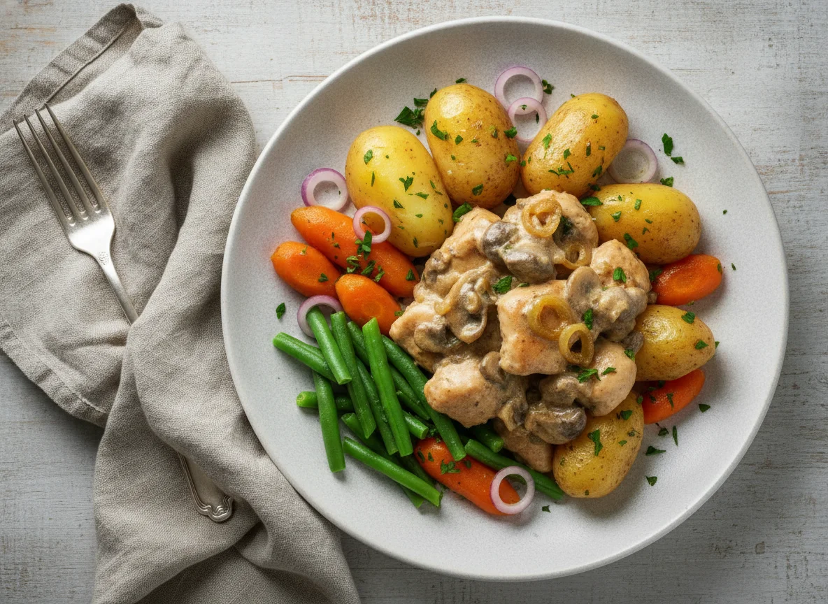 Курица с отварным картофелем и овощами photo