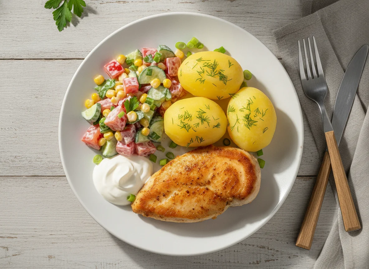 Курица с отварным картофелем и овощным салатом photo