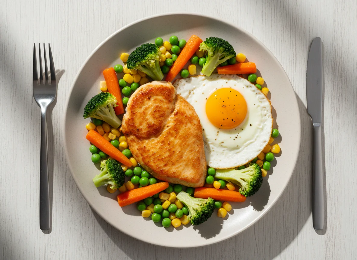 Курица с овощами и яйцом photo