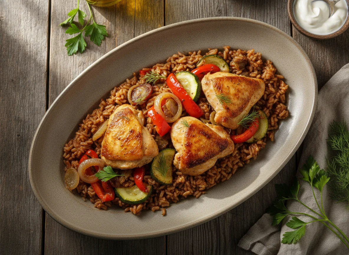 Курица с овощами и бурым рисом photo