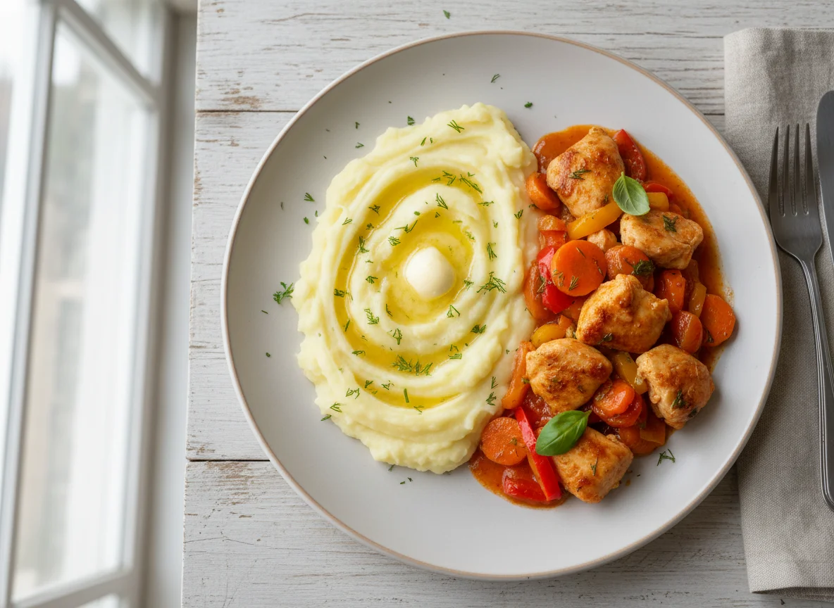 Курица с овощами и картофельным пюре photo